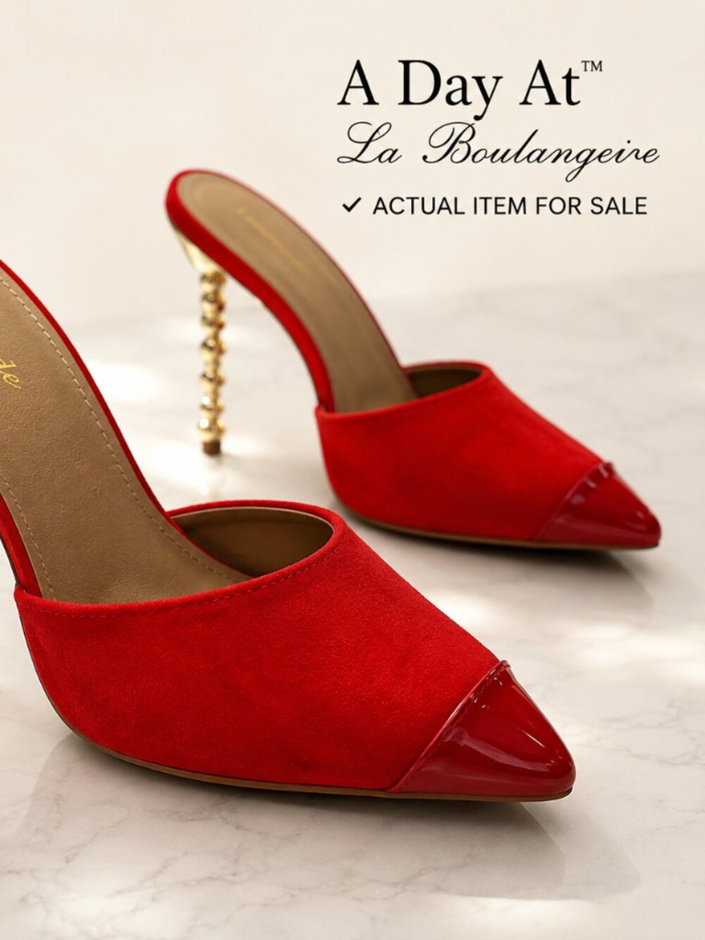 Avant-Garde Sculptural Heel Red Mule Pumps Pointed Toe Gold Heel Baddie 10 NWOT
